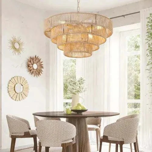 Bohemian Woven Chandelier with natural wood-colored woven rattan, layered circular design hanging above a dining table