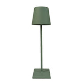 Cordless lamp in matte green metal with a minimalist design, featuring a conical shade and square base for versatile lighting.