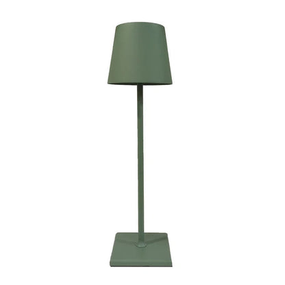 Cordless lamp in matte green metal with a minimalist design, featuring a conical shade and square base for versatile lighting.
