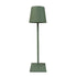 Cordless lamp in matte green metal with a minimalist design, featuring a conical shade and square base for versatile lighting.