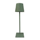 Cordless lamp in matte green metal with a minimalist design, featuring a conical shade and square base for versatile lighting.