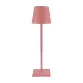 Cordless lamp in muted pink color with a minimalist design, featuring a conical shade and square base.