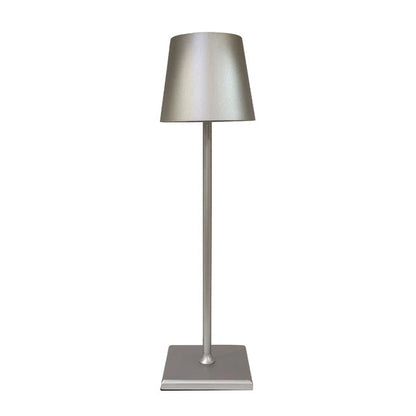 Cordless lamp with a sleek silver metal base and shade, featuring minimalist design and smooth finish for versatile lighting.