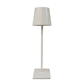 Cordless lamp with a sleek white metal design, featuring a cylindrical shade and square base for modern minimalist style.