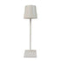 Cordless lamp with a sleek white metal design, featuring a cylindrical shade and square base for modern minimalist style.