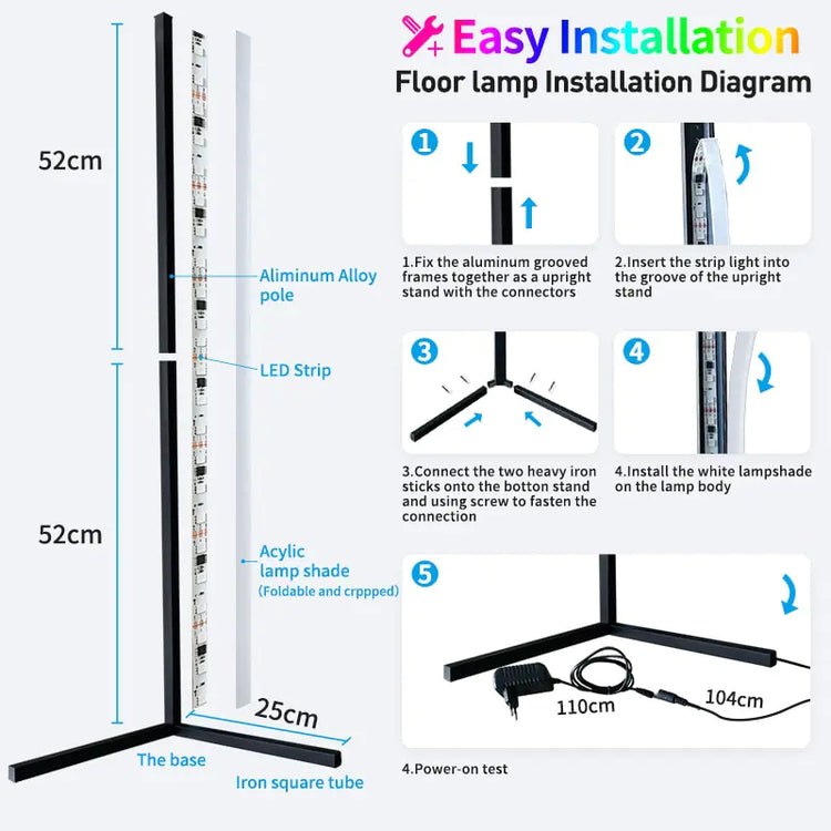 Corner Floor Lamp with black aluminum pole, white acrylic LED strip shade, and three-sided iron base frame