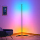 Corner Floor Lamp with slim black metal frame, T-shaped base, and vibrant multicolour LED light strip