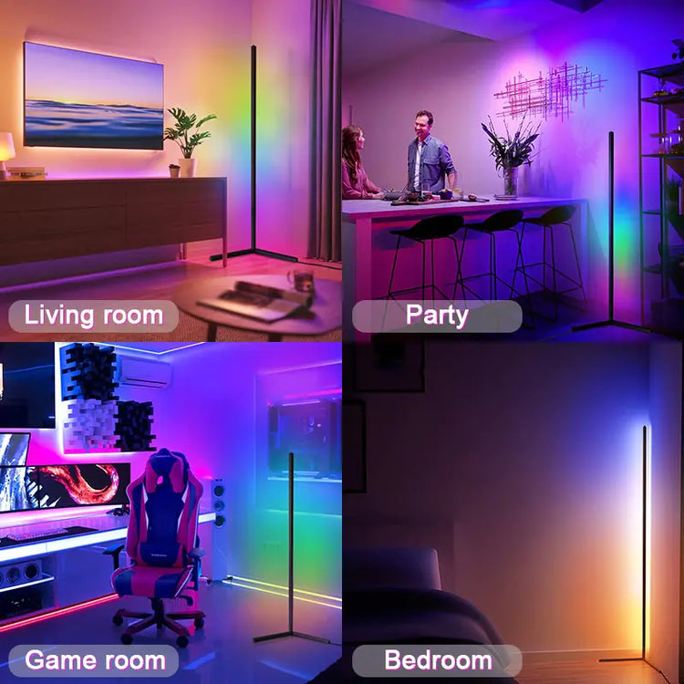 Corner Floor Lamp with slim black frame and RGB LED light, displaying vibrant multicolour ambient illumination