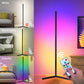 Corner Floor Lamp with slim black metal frame, RGB colourful LED lighting, V-shaped base and remote control