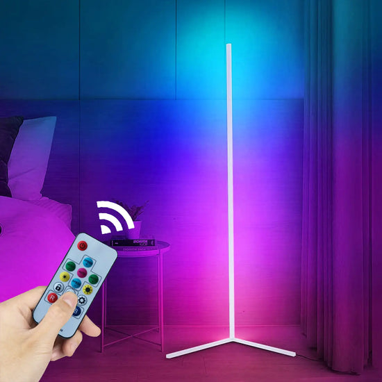 Corner Floor Lamp with sleek white metal frame emitting vibrant blue and purple RGB light, controlled by remote