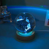Crystal Night Ball with glowing glass sphere, dolphin pattern and dark wooden base for ambient lighting