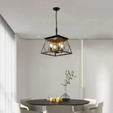Farmhouse Chandelier 4 Lights with rustic iron frame in walnut and black finishes featuring a semi-open trapezoidal design and four vintage bulbs