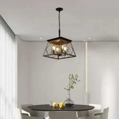 Farmhouse Chandelier 4 Lights with rustic iron frame in walnut and black finishes featuring a semi-open trapezoidal design and four vintage bulbs