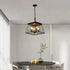 Farmhouse Chandelier 4 Lights with rustic iron frame in walnut and black finishes featuring a semi-open trapezoidal design and four vintage bulbs