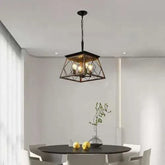 Farmhouse Chandelier 4 Lights with rustic iron frame in walnut and black finishes, featuring a trapezoidal design and four vintage bulbs