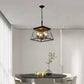 Farmhouse Chandelier 4 Lights with rustic iron frame in walnut and black finishes, featuring a trapezoidal design and four vintage bulbs