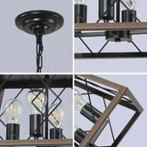 Farmhouse Chandelier 4 Lights with vintage iron frame, walnut and black finishes, semi-open trapezoidal design, and four visible bulbs
