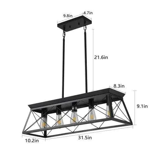 Farmhouse Chandelier black metal rectangular frame with five vintage-style bulbs and adjustable hanging rods