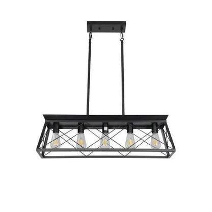 Farmhouse Chandelier in black metal with rectangular frame and five vintage filament bulbs, adjustable hanging rods
