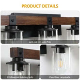 Farmhouse Dresser Lamps with black anti-rust iron frame, walnut-colored wooden pole, clear glass lampshades, and E26 bulb bases