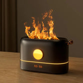 Flame Aroma Diffuser with black matte finish, circular yellow LED light, and realistic flame effect on top