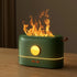 Flame Aroma Diffuser in dark green with a golden knob and lever, emitting realistic flame-like visual effect on top