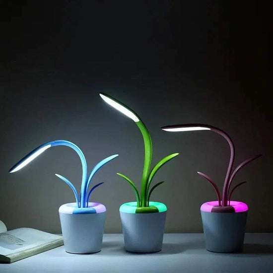 Flower Lamp set with white pots and curved stems in blue, green, and pink LED lights mimicking a decorative flowerpot design