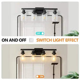 Black rustic farmhouse wall-mounted lamp with four glass-covered bulbs