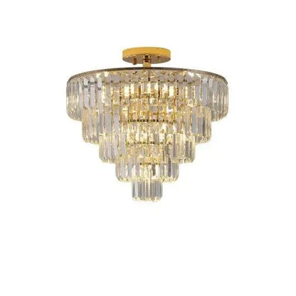 Golden Crystal Chandelier with a gold metal frame and cascading clear crystal tiers in a rounded layered design