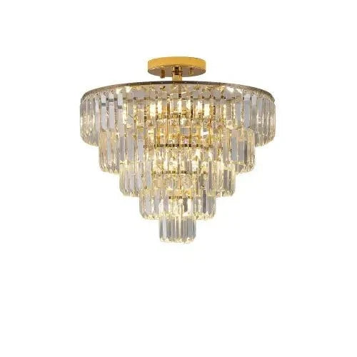 Golden Crystal Chandelier with a gold metal frame and cascading clear crystal tiers in a rounded layered design