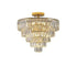 Golden Crystal Chandelier with a gold metal frame and cascading clear crystal tiers in a rounded layered design