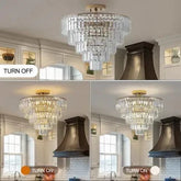 Golden Crystal Chandelier with a gold frame and layered clear crystal prisms in a round tiered design
