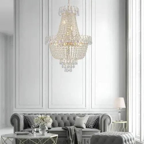 Golden Crystal Chandelier with a polished gold frame and cascading clear crystal tiers in a classic tiered design