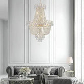 Golden Crystal Chandelier with a polished gold frame and cascading clear crystal tiers in a classic tiered design