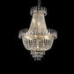 Golden Crystal Chandelier with gold metal frame, cascading clear crystal beads, and ornate tiered bowl design