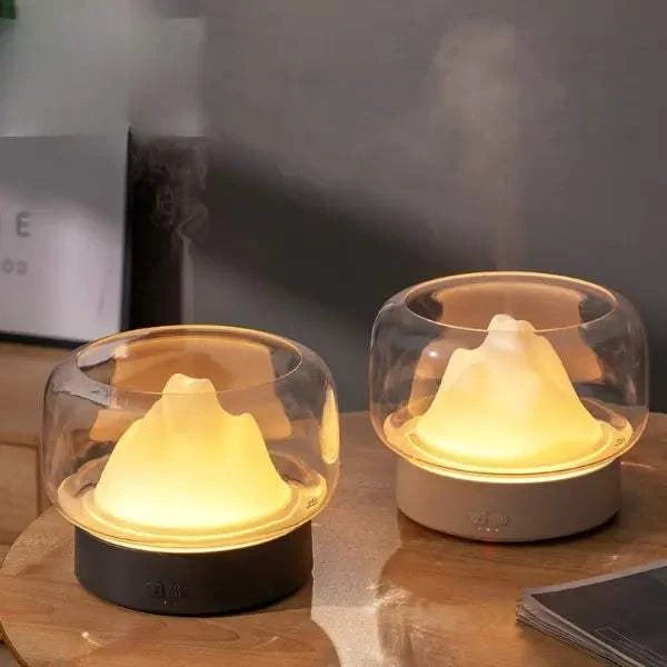 Ultrasonic air humidifier with LED lamp creating soothing ambiance in modern living space