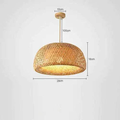 Kuma Bamboo Lamp featuring a woven natural bamboo shade with a warm light diffuser and adjustable hanging length