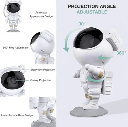 LED Astro Projector shaped like a white astronaut with black helmet, featuring adjustable projection angles and lunar surface base