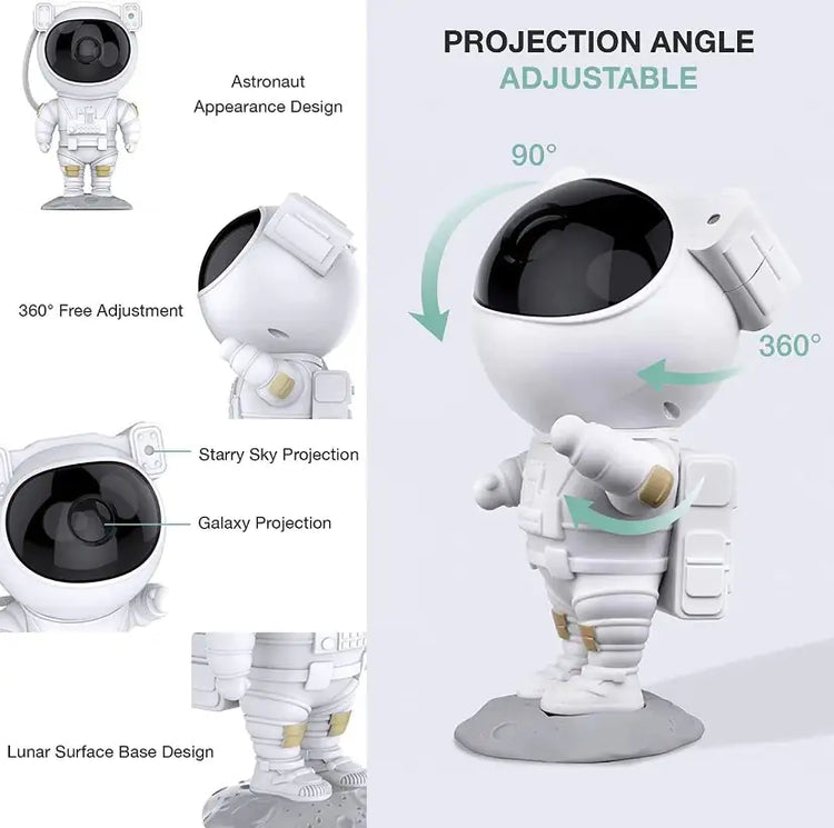 LED Astro Projector shaped like a white astronaut with black helmet, featuring adjustable projection angles and lunar surface base