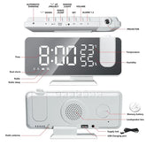 LED Digital Projection Clock in white ABS material with large LED display, multiple buttons, and projector on top panel