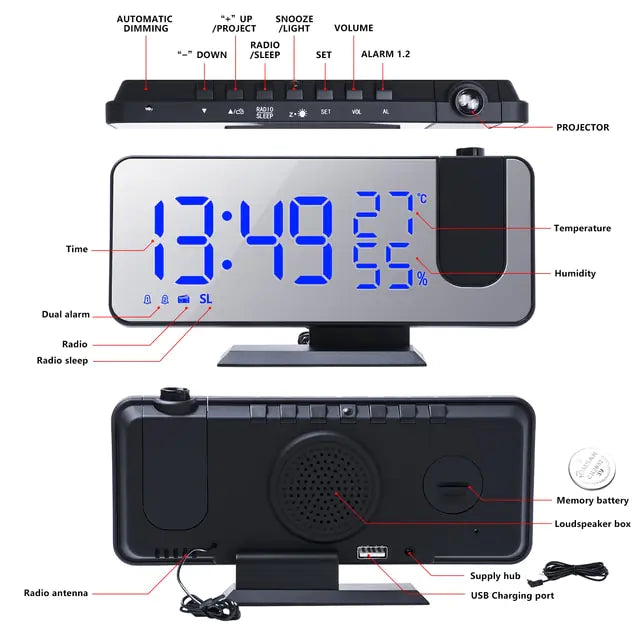 LED Digital Projection Clock with blue LED display, black ABS plastic body, radio, temperature and humidity indicators, projection lens, and multiple function buttons.