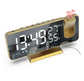 LED Digital Projection Clock in gold ABS material with large white LED display showing time, temperature, humidity, and red time projection.