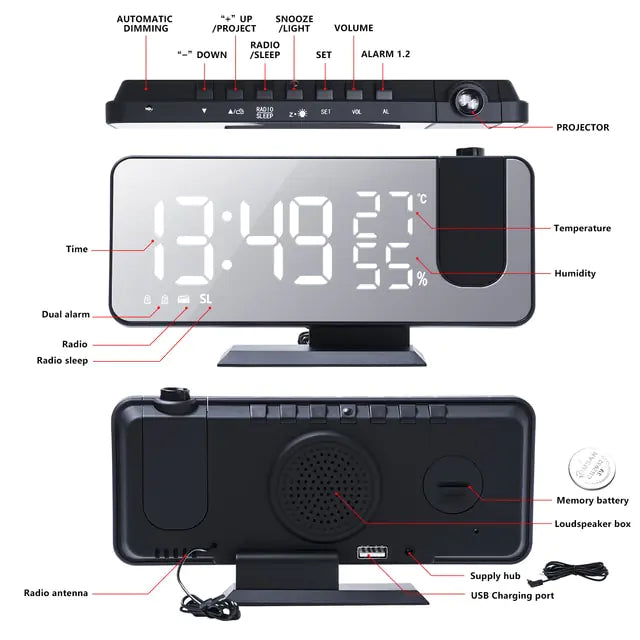LED Digital Projection Clock with black ABS body, large mirrored LED display, and built-in projector with control buttons on top and USB charging port at the back
