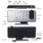 LED Digital Projection Clock with black ABS body, large mirrored LED display, and built-in projector with control buttons on top and USB charging port at the back