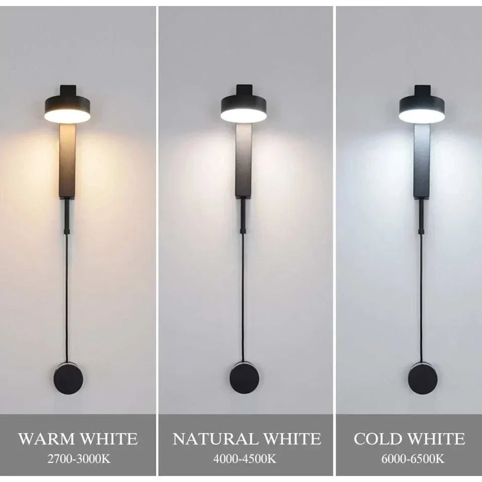 LED indoor Wall Lamps in black with cylindrical aluminum bodies and clear acrylic shades, shown in warm white 2700-3000K, natural white 4000-4500K, and cold white 6000-6500K light