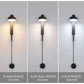 LED indoor Wall Lamps in black with cylindrical aluminum bodies and clear acrylic shades, shown in warm white 2700-3000K, natural white 4000-4500K, and cold white 6000-6500K light