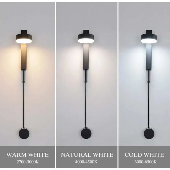 LED indoor Wall Lamps in black with cylindrical aluminum bodies and clear acrylic shades, shown in warm white 2700-3000K, natural white 4000-4500K, and cold white 6000-6500K light