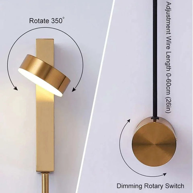 LED indoor Wall Lamps in brushed gold finish with adjustable rotary light heads and dimming switch for stylish and flexible lighting
