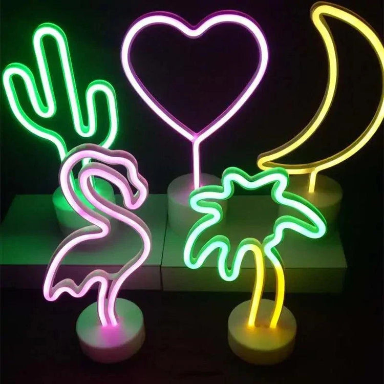LED Neon Light decorative lamps in cactus green, pink flamingo, purple heart, yellow moon, and green palm tree on white bases