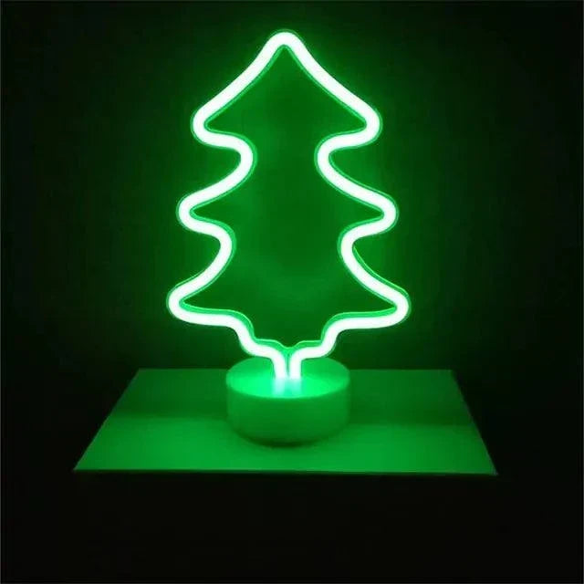 LED Neon Light in bright green shaped like a Christmas tree with a clear round base, battery-operated decorative lamp